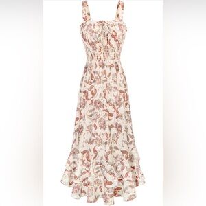 Boho Floral Smocked Midi Dress Adjustable Straps Ruffle Hem Size Small